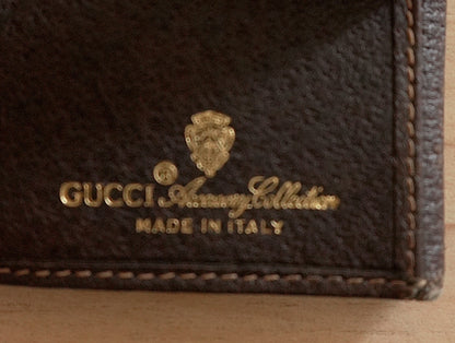 Gucci Vintage Wallet Sherry Brown Beige Leather GG Monogram Bifold Gold Logo