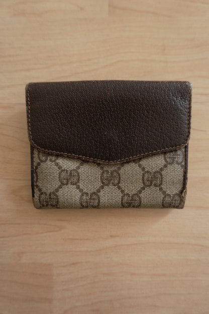 Gucci Vintage Wallet Sherry Brown Beige Leather GG Monogram Bifold Gold Logo