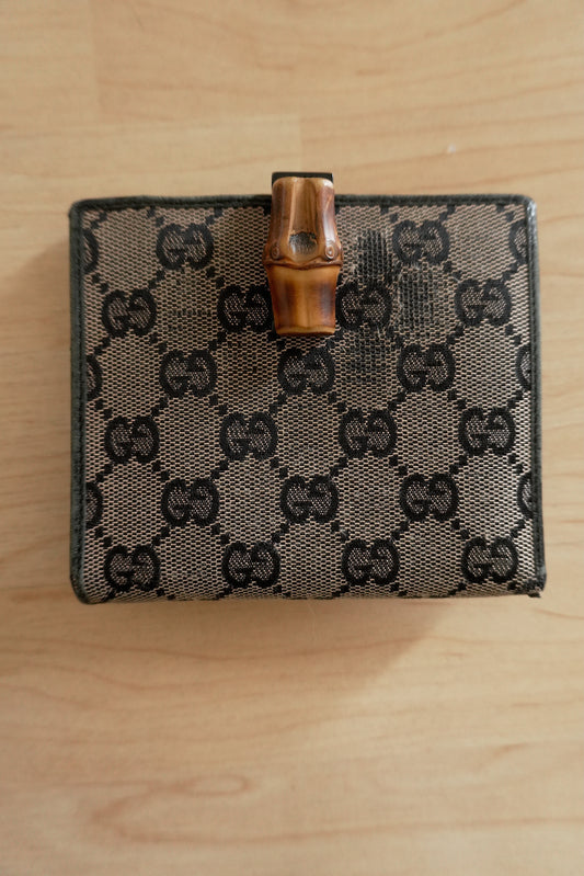 Gucci Vintage Wallet GG Monogram Black Beige Bamboo Clasp Leather Men’s