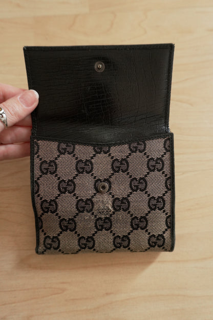Gucci Vintage Wallet GG Monogram Black Beige Bamboo Clasp Leather Men’s