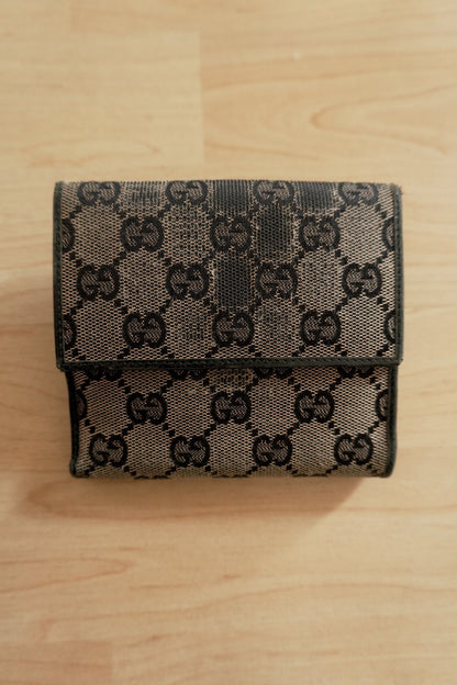 Gucci Vintage Wallet GG Monogram Black Beige Bamboo Clasp Leather Men’s