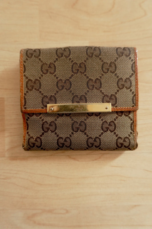 Gucci Vintage Wallet GG Monogram Brown Tan Leather Canvas Gold Logo Unisex