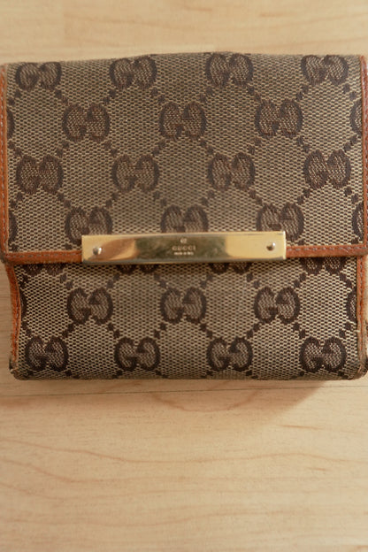 Gucci Vintage Wallet GG Monogram Brown Tan Leather Canvas Gold Logo Unisex