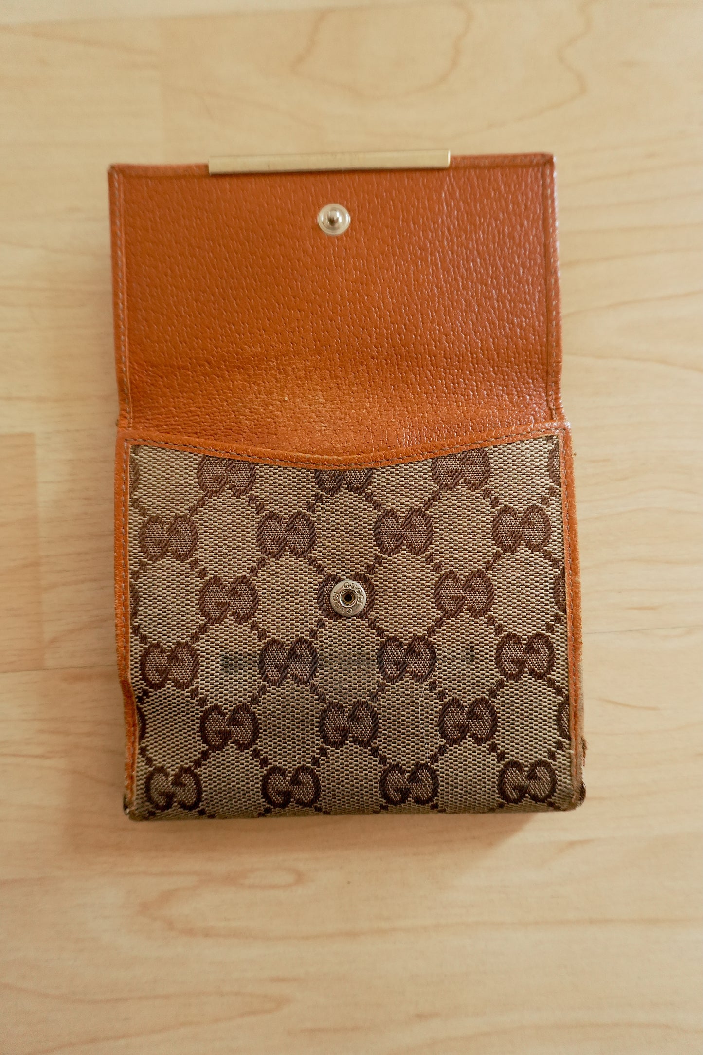 Gucci Vintage Wallet GG Monogram Brown Tan Leather Canvas Gold Logo Unisex