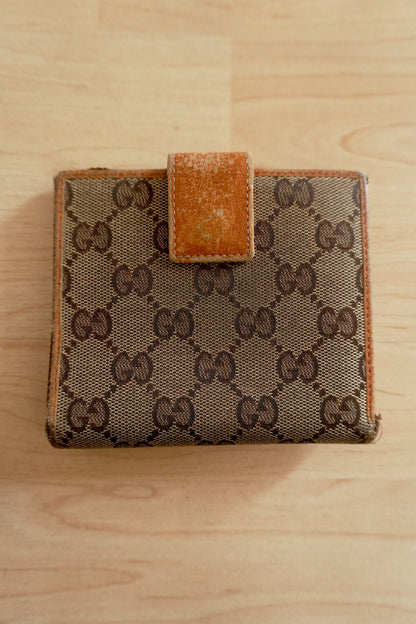 Gucci Vintage Wallet GG Monogram Brown Tan Leather Canvas Gold Logo Unisex