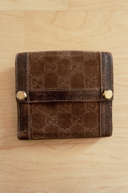 Gucci Vintage Wallet Brown Suede Leather GG Monogram Studded Bifold Unisex
