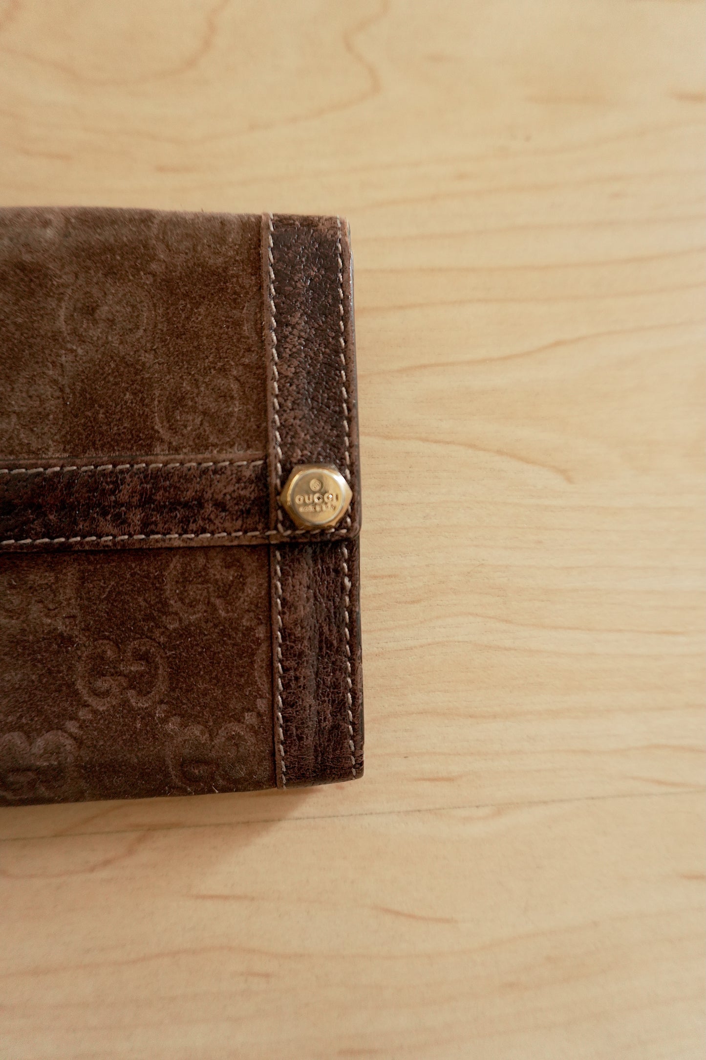 Gucci Vintage Wallet Brown Suede Leather GG Monogram Studded Bifold Unisex