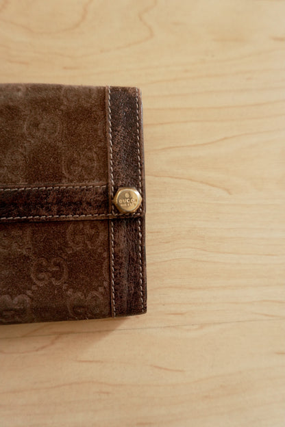 Gucci Vintage Wallet Brown Suede Leather GG Monogram Studded Bifold Unisex