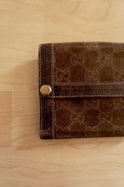 Gucci Vintage Wallet Brown Suede Leather GG Monogram Studded Bifold Unisex