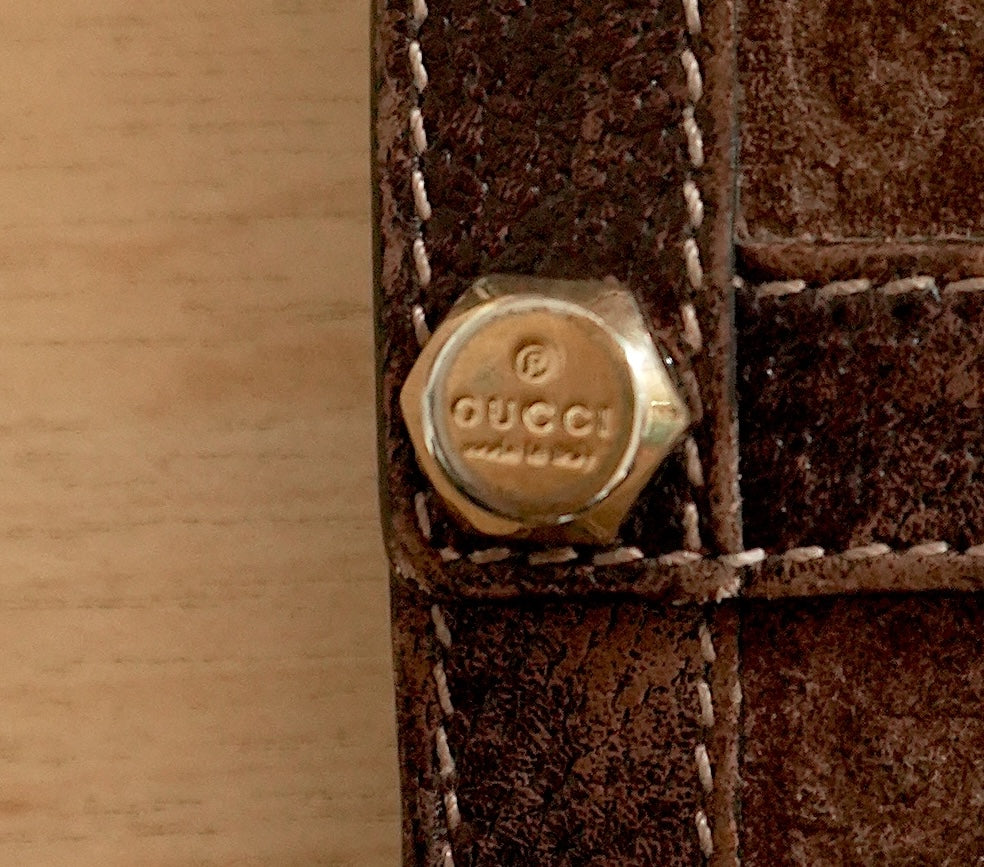 Gucci Vintage Wallet Brown Suede Leather GG Monogram Studded Bifold Unisex