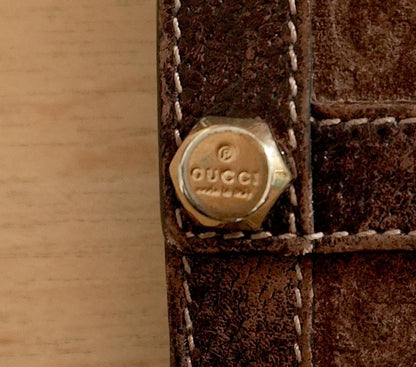 Gucci Vintage Wallet Brown Suede Leather GG Monogram Studded Bifold Unisex