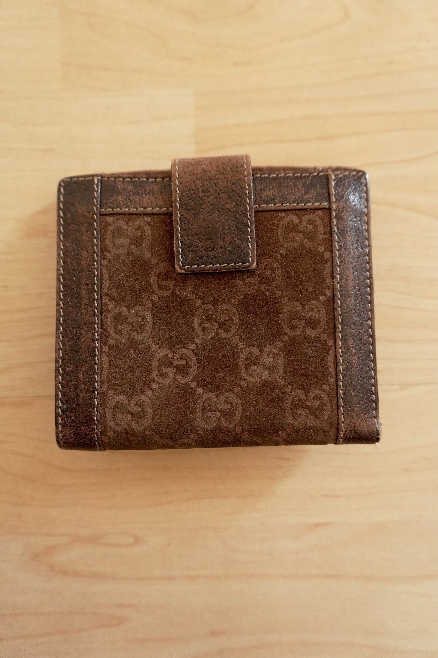 Gucci Vintage Wallet Brown Suede Leather GG Monogram Studded Bifold Unisex