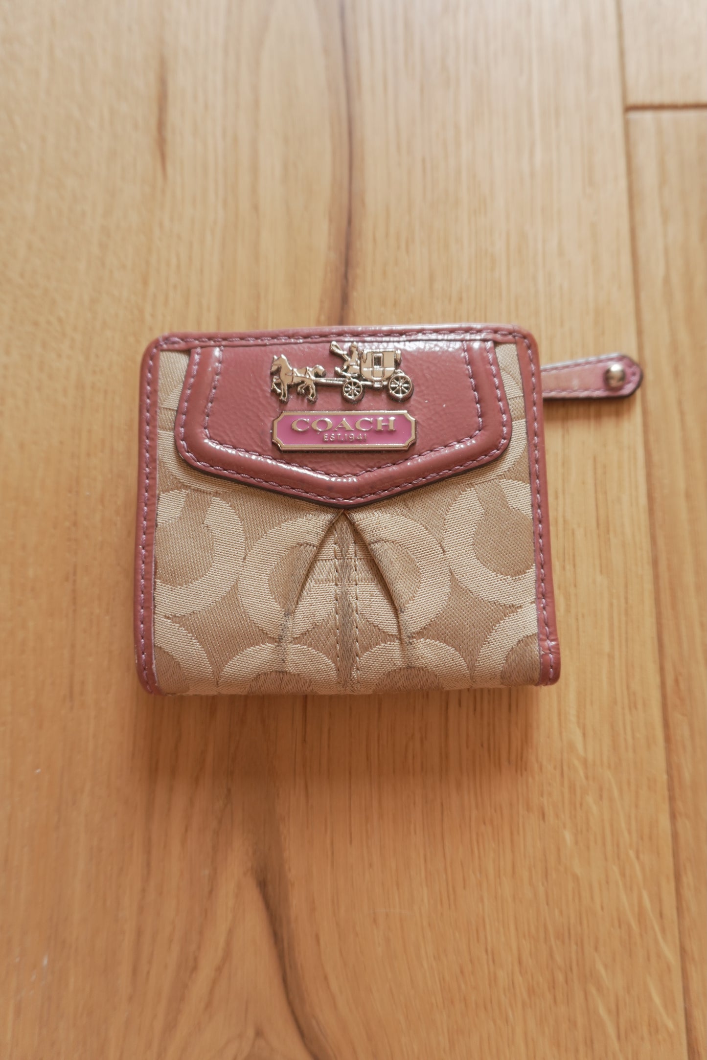 Coach Card Holder Vintage Beige Canvas Pink Leather Card Case Monogram Women's
