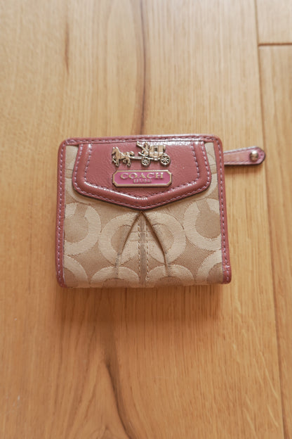 Coach Card Holder Vintage Beige Canvas Pink Leather Card Case Monogram Women's