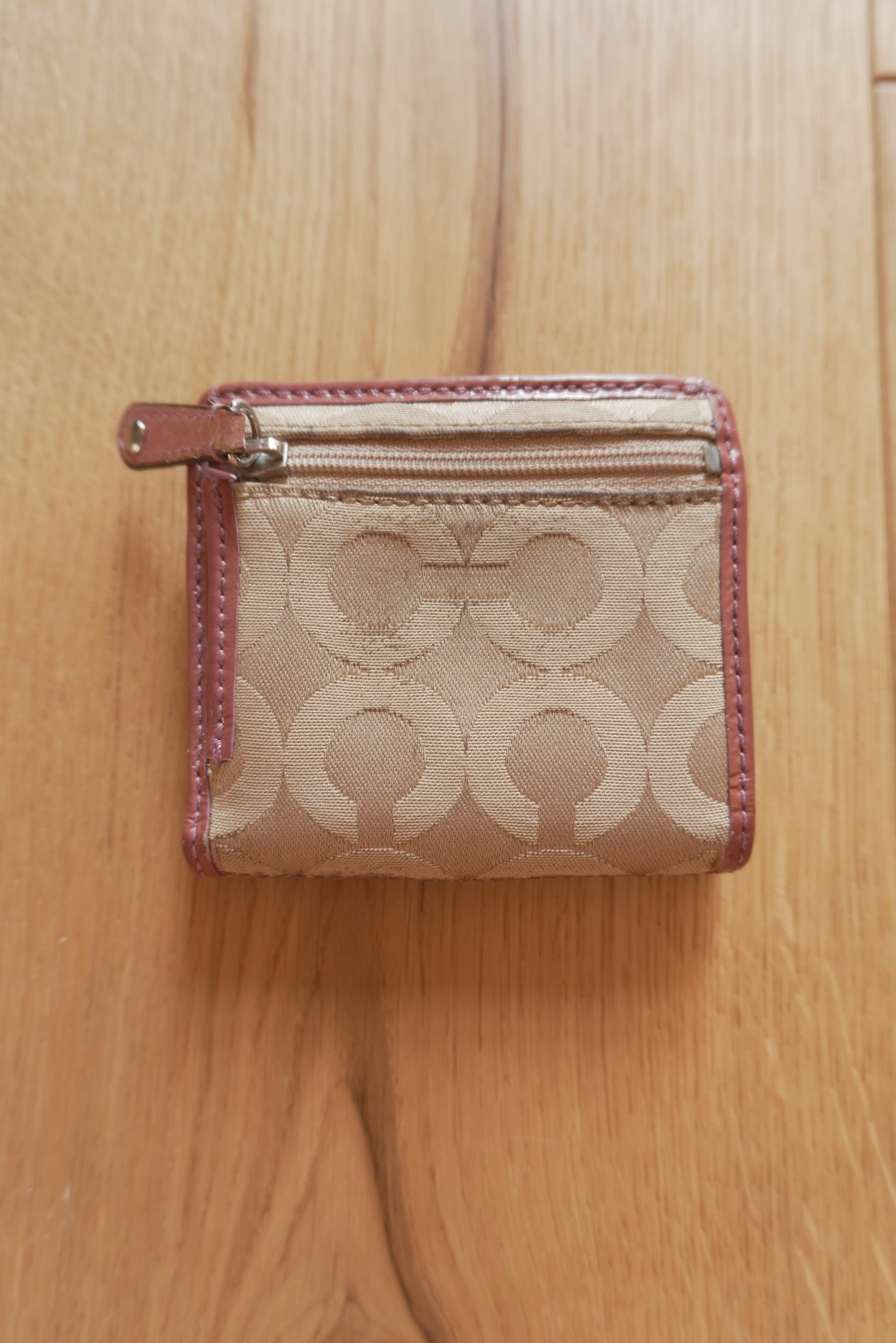 Coach Card Holder Vintage Beige Canvas Pink Leather Card Case Monogram Women's