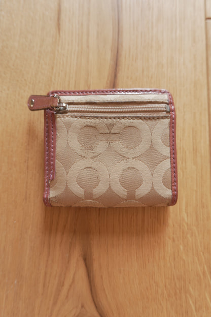 Coach Card Holder Vintage Beige Canvas Pink Leather Card Case Monogram Women's