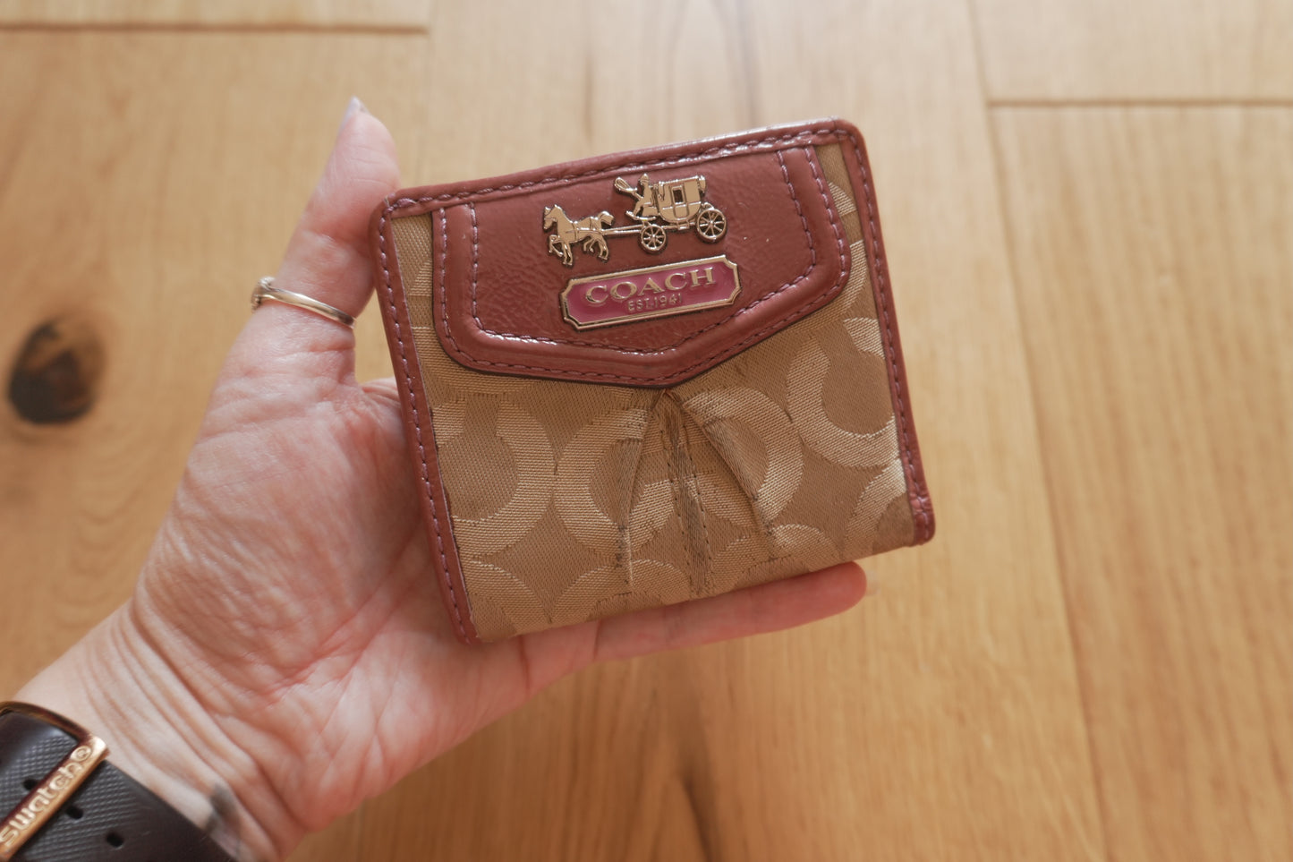 Coach Card Holder Vintage Beige Canvas Pink Leather Card Case Monogram Women's