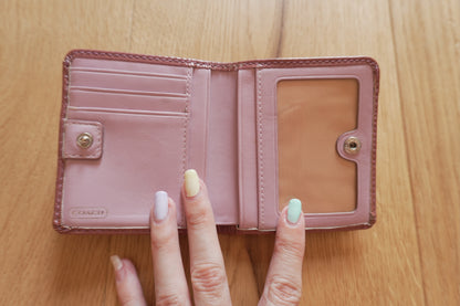 Coach Card Holder Vintage Beige Canvas Pink Leather Card Case Monogram Women's