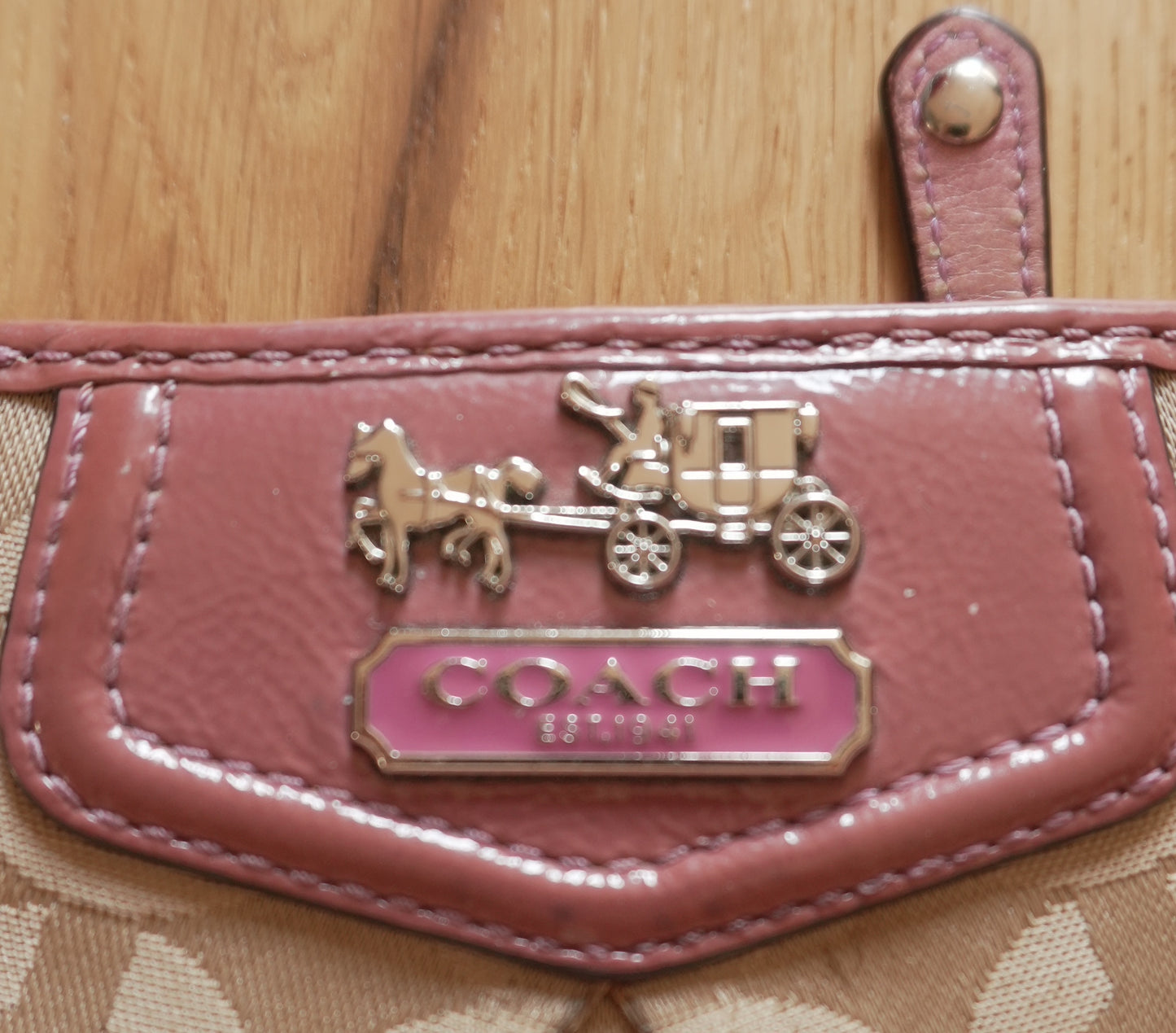 Coach Card Holder Vintage Beige Canvas Pink Leather Card Case Monogram Women's
