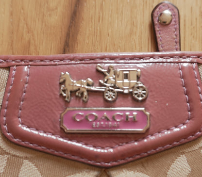 Coach Card Holder Vintage Beige Canvas Pink Leather Card Case Monogram Women's