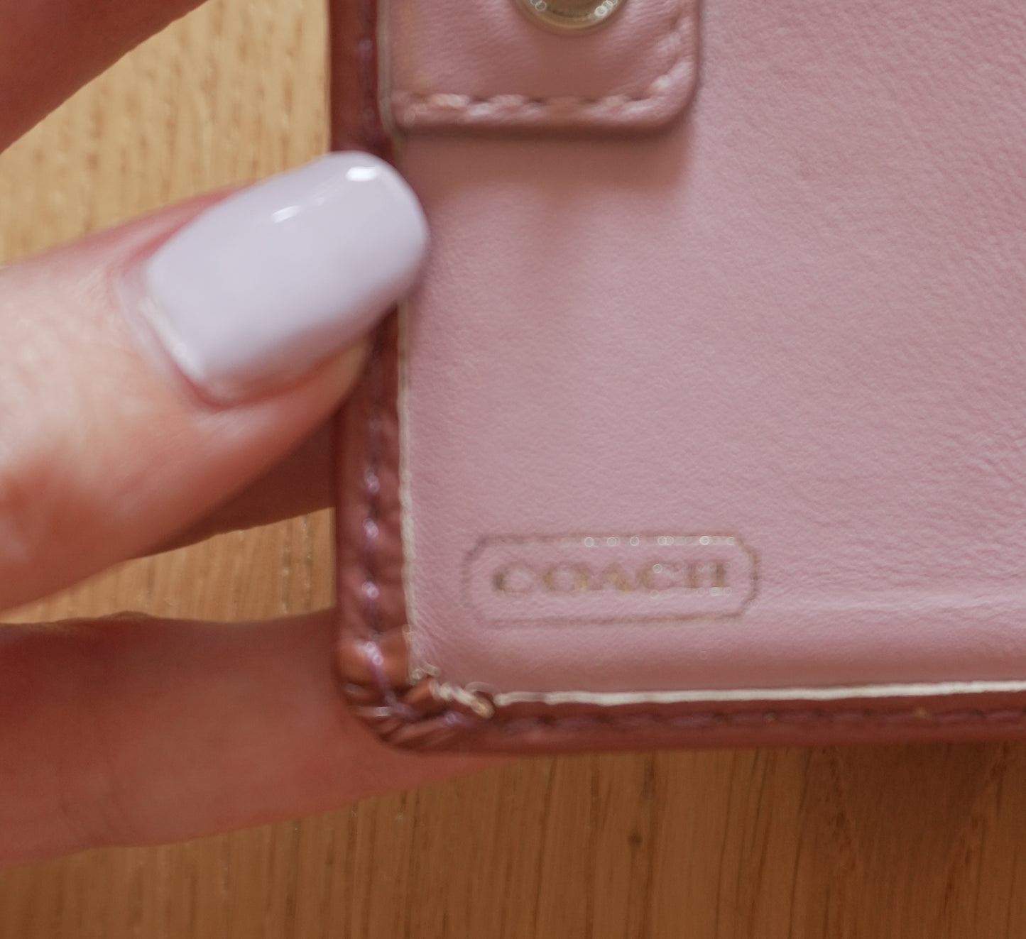 Coach Card Holder Vintage Beige Canvas Pink Leather Card Case Monogram Women's
