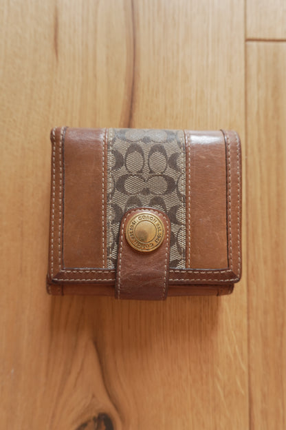 Vintage Coach Square Wallet Brown Monogram Canvas Leather ID Coin Pocket Compact