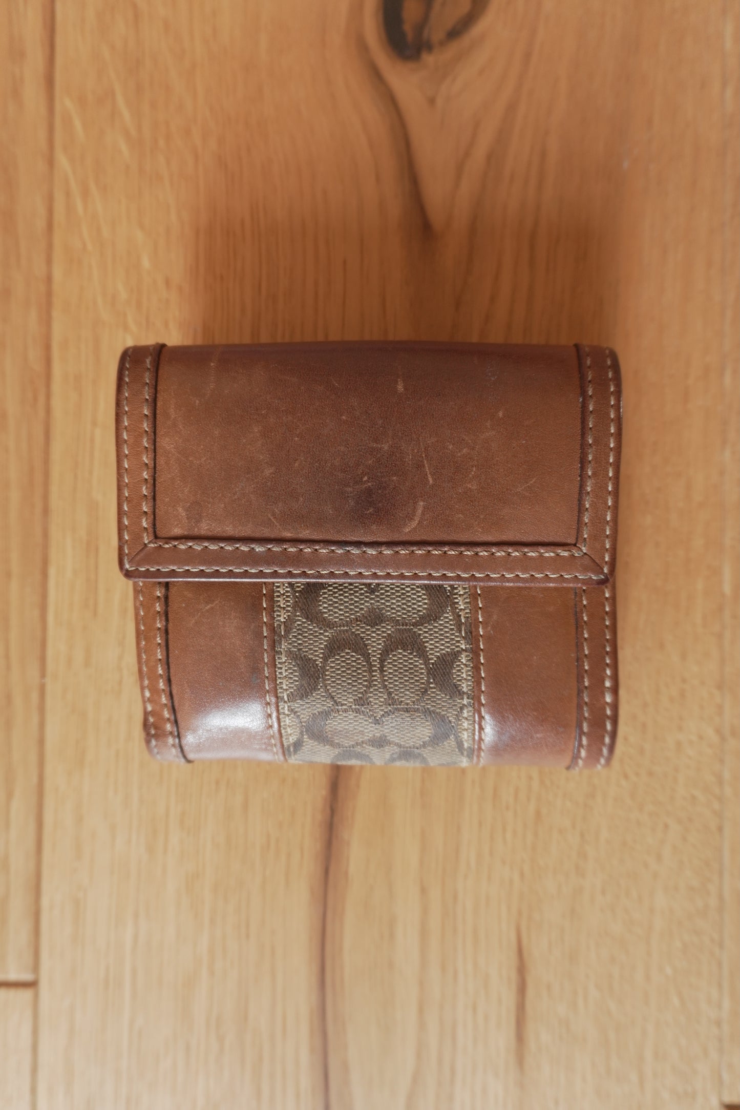 Vintage Coach Square Wallet Brown Monogram Canvas Leather ID Coin Pocket Compact
