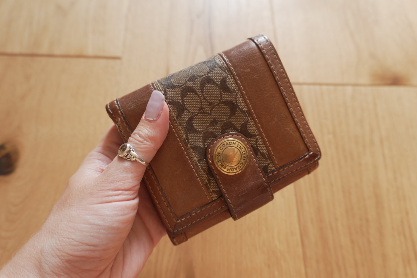 Vintage Coach Square Wallet Brown Monogram Canvas Leather ID Coin Pocket Compact