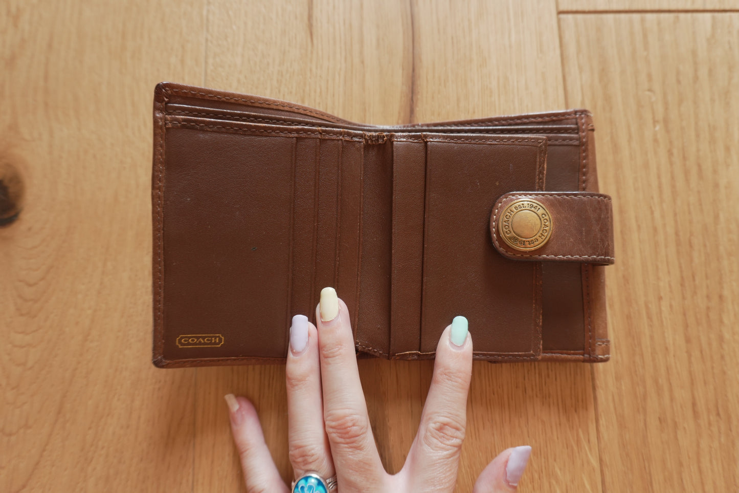 Vintage Coach Square Wallet Brown Monogram Canvas Leather ID Coin Pocket Compact