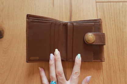 Vintage Coach Square Wallet Brown Monogram Canvas Leather ID Coin Pocket Compact