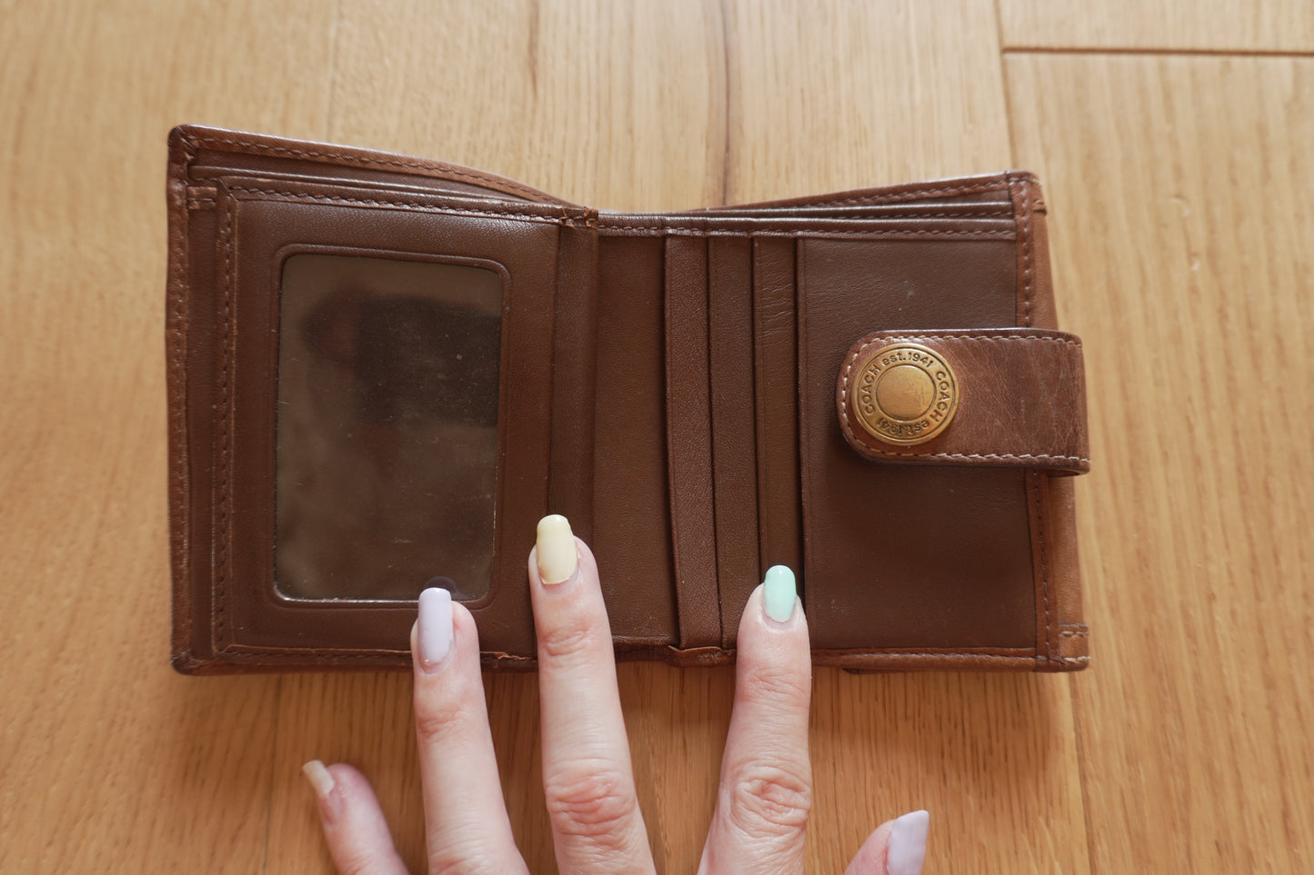 Vintage Coach Square Wallet Brown Monogram Canvas Leather ID Coin Pocket Compact