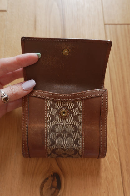 Vintage Coach Square Wallet Brown Monogram Canvas Leather ID Coin Pocket Compact