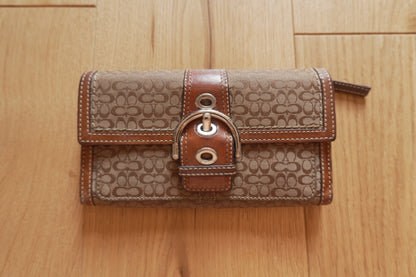 Vintage Coach Monogram Wallet Brown Canvas Leather Buckle Flap Long Purse Y2K