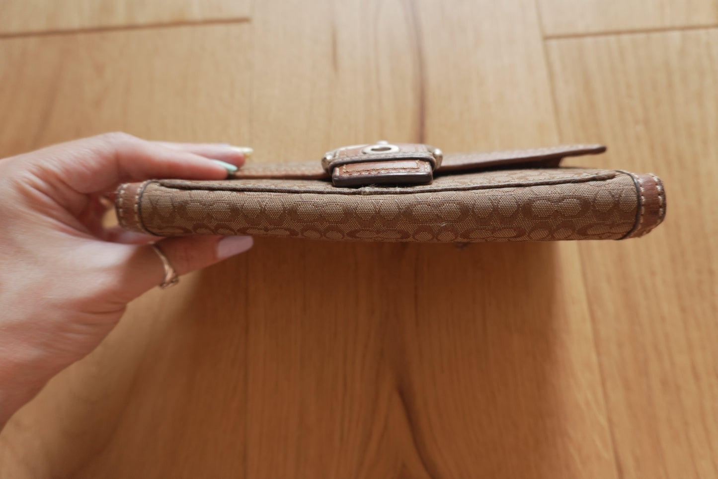 Vintage Coach Monogram Wallet Brown Canvas Leather Buckle Flap Long Purse Y2K