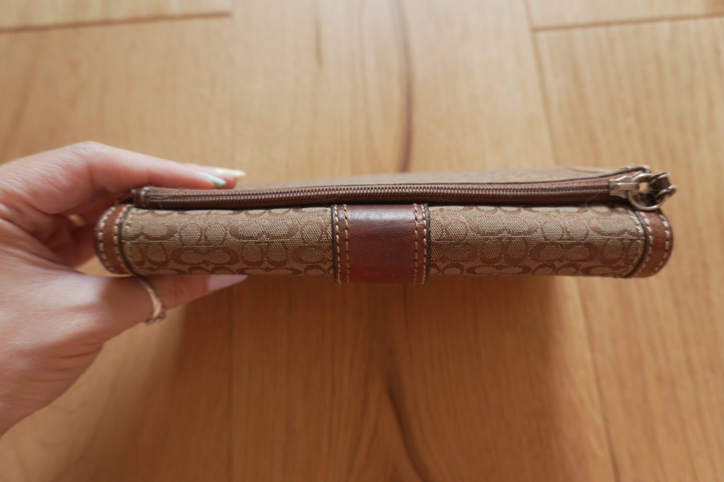 Vintage Coach Monogram Wallet Brown Canvas Leather Buckle Flap Long Purse Y2K