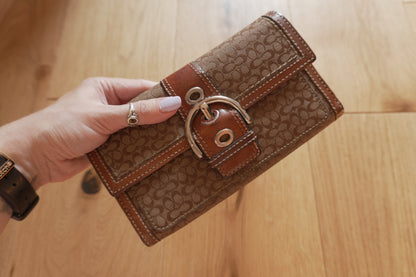 Vintage Coach Monogram Wallet Brown Canvas Leather Buckle Flap Long Purse Y2K