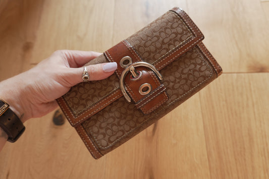 Vintage Coach Monogram Wallet Brown Canvas Leather Buckle Flap Long Purse Y2K