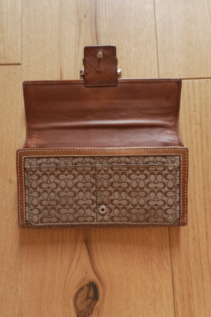 Vintage Coach Monogram Wallet Brown Canvas Leather Buckle Flap Long Purse Y2K