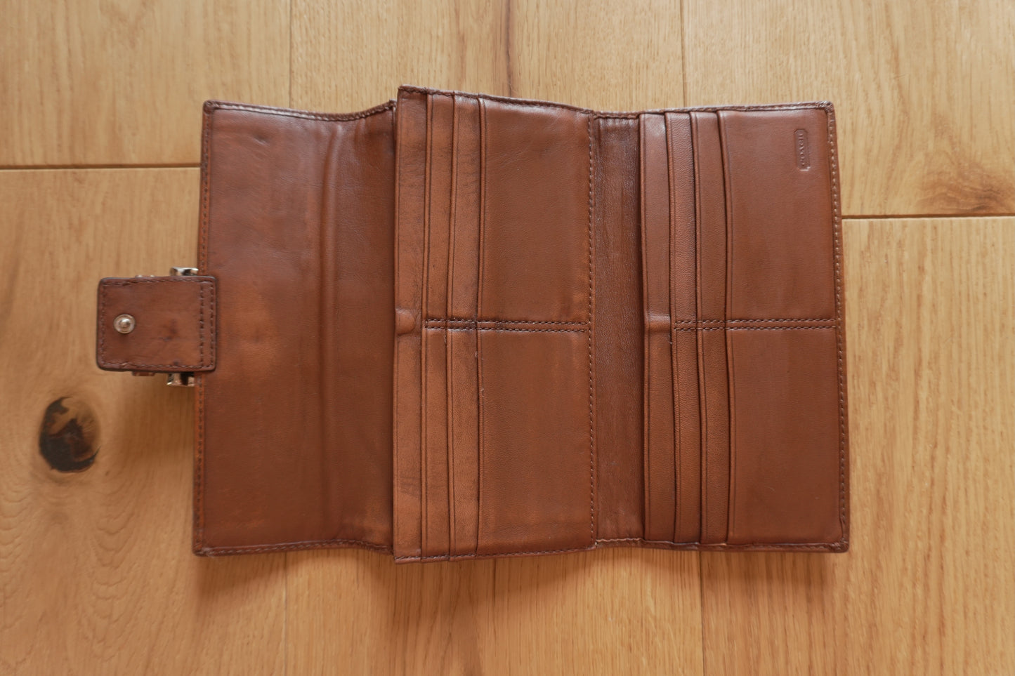 Vintage Coach Monogram Wallet Brown Canvas Leather Buckle Flap Long Purse Y2K