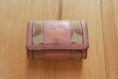 Coach Key Holder Vintage Beige Canvas Pink Leather Key Case Gold Hardware Women