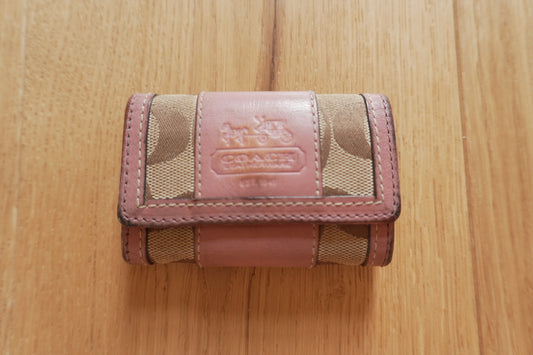 Coach Key Holder Vintage Beige Canvas Pink Leather Key Case Gold Hardware Women