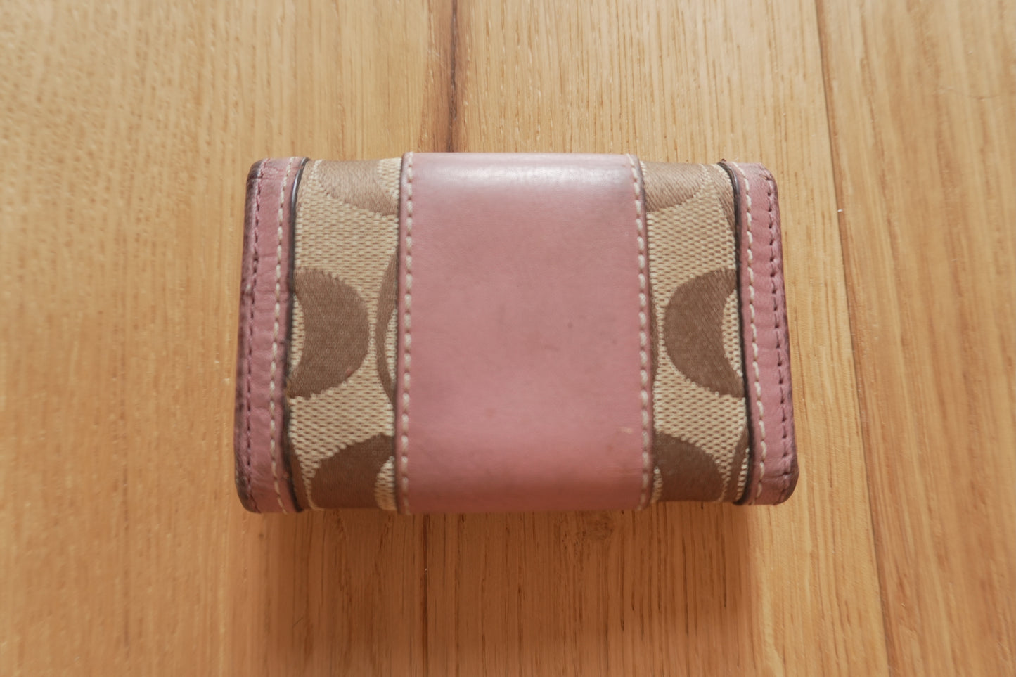 Coach Key Holder Vintage Beige Canvas Pink Leather Key Case Gold Hardware Women