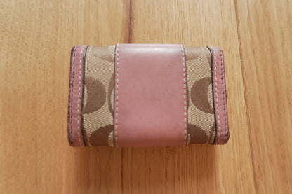 Coach Key Holder Vintage Beige Canvas Pink Leather Key Case Gold Hardware Women