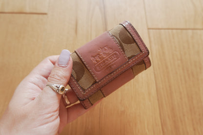 Coach Key Holder Vintage Beige Canvas Pink Leather Key Case Gold Hardware Women