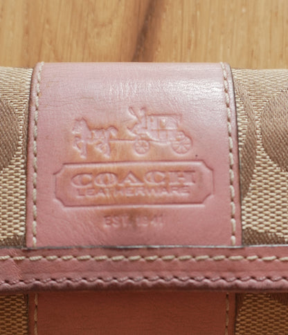 Coach Key Holder Vintage Beige Canvas Pink Leather Key Case Gold Hardware Women