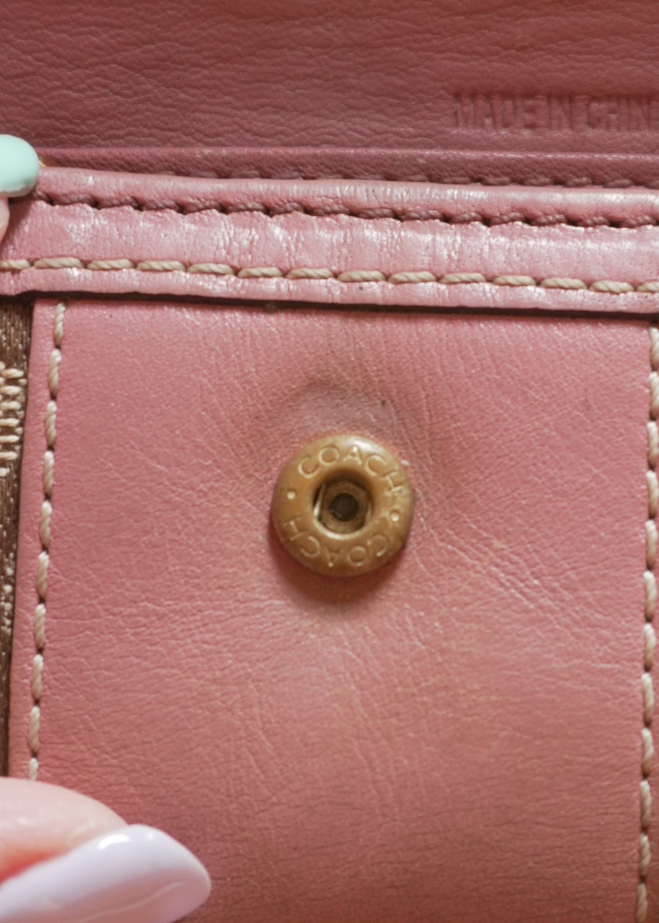 Coach Key Holder Vintage Beige Canvas Pink Leather Key Case Gold Hardware Women