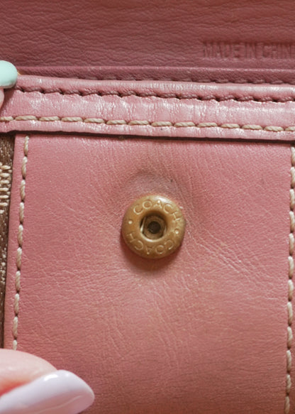 Coach Key Holder Vintage Beige Canvas Pink Leather Key Case Gold Hardware Women