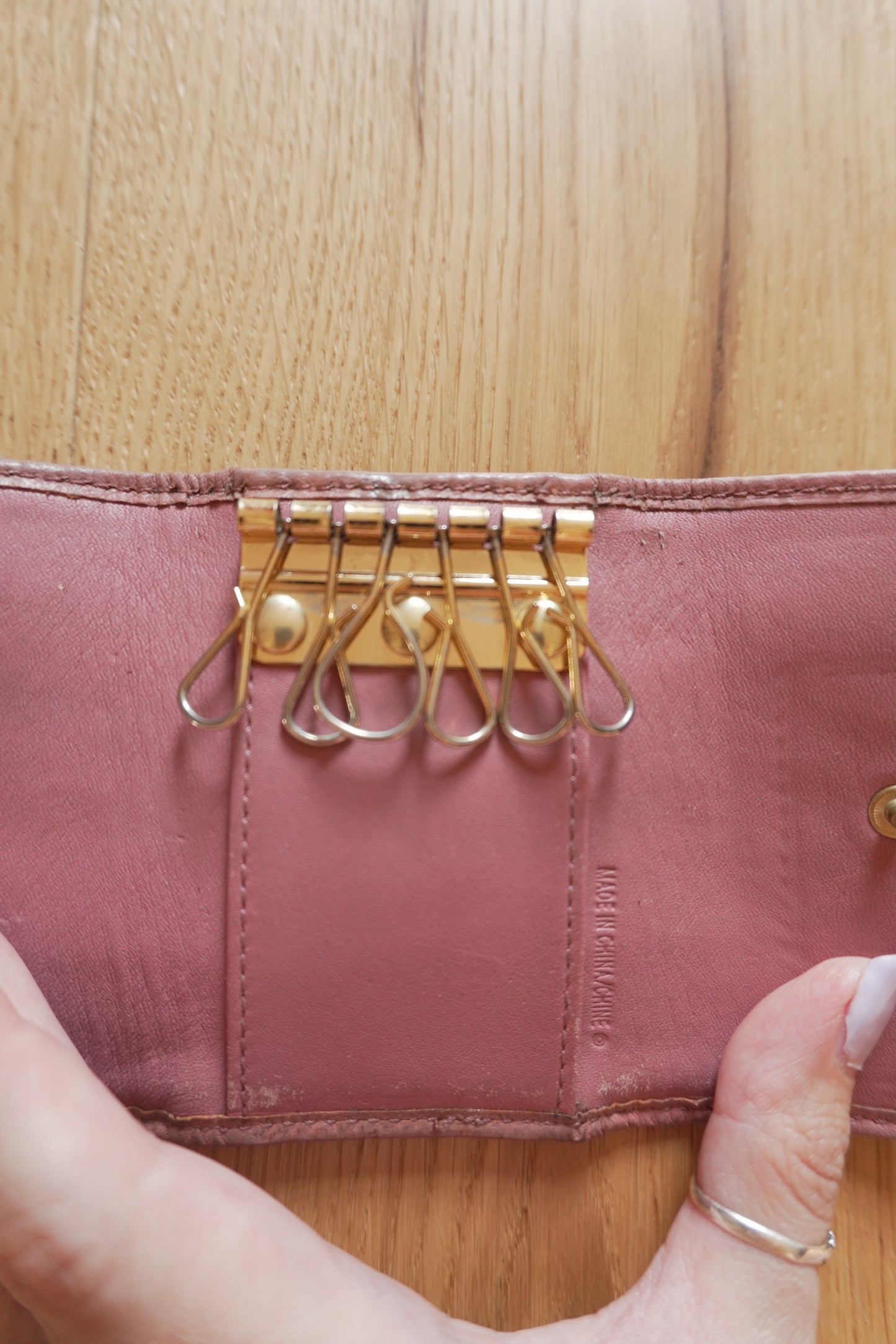 Coach Key Holder Vintage Beige Canvas Pink Leather Key Case Gold Hardware Women