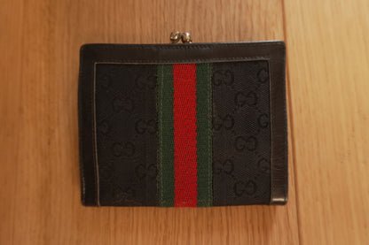 Vintage Gucci GG Canvas Wallet Black Leather Web Stripe Silver Logo Monogram