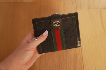 Vintage Gucci GG Canvas Wallet Black Leather Web Stripe Silver Logo Monogram